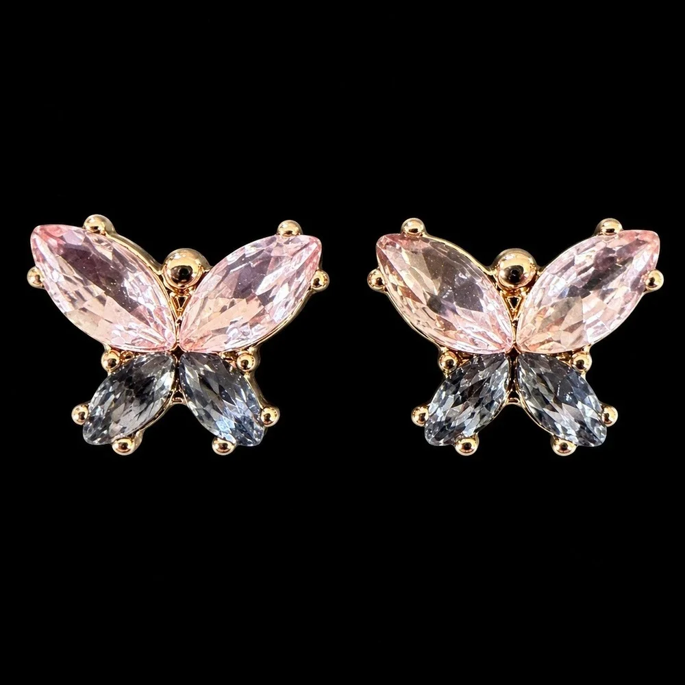 Vintage Chico's Butterfly Crystal Stud Earrings‎ Pink Gray Gold Tone NOS Y2K